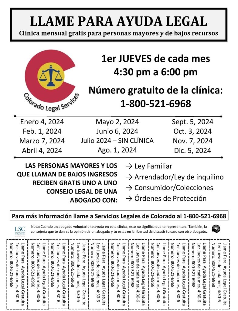 Flyer for 2024 Colorado Legal Services Call In Dates for Legal Assistance