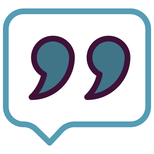 Graphic icon of quotation marks inside a conversation bubble