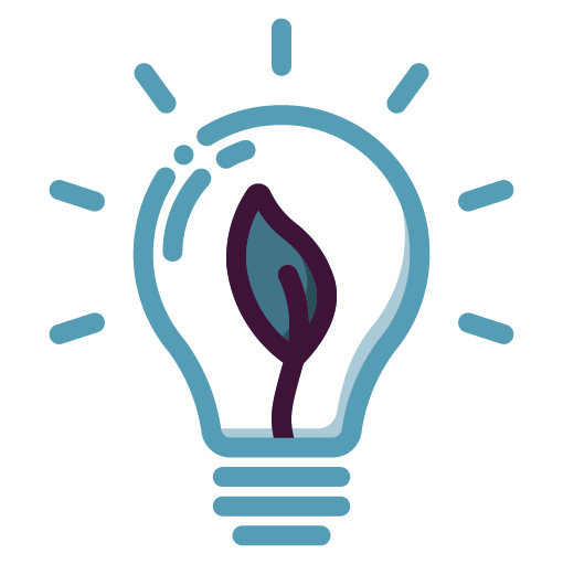 Graphic icon of a lightbulb with a leaf inside